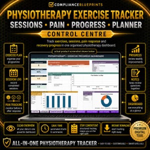 Può includere: Una dashboard digitale per il monitoraggio degli esercizi di fisioterapia visualizzata su uno schermo di un portatile. L'interfaccia presenta sezioni per sessioni, dolore, progressi e un pianificatore, con grafici, tabelle e una barra di navigazione. Testo incluso: COMPLIANCEBLUEPRINTS e PHYSIOTHERAPY EXERCISE TRACKER.