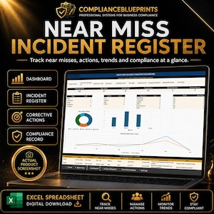 Op de afbeelding: Een laptop toont een dashboard "Near Miss Incident Register". Het scherm toont grafieken en gegevens over incidenten, acties en trends. De tekst "Excel Spreadsheet Digitale Download" is inbegrepen.