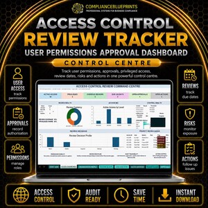 May include: A digital Access Control Review Tracker dashboard displayed on a laptop screen. The interface features charts, tables, and metrics for user permissions, approvals, and risk monitoring, framed by gold-accented text and icons.