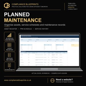 Może przedstawiać: Cyfrowy widok pulpitu nawigacyjnego Excel do planowanej konserwacji na ekranie laptopa. Grafika zawiera tekst Compliance Blueprints, Planned Maintenance, Asset Register, PPM Schedule, Service History oraz 8 Worksheets.