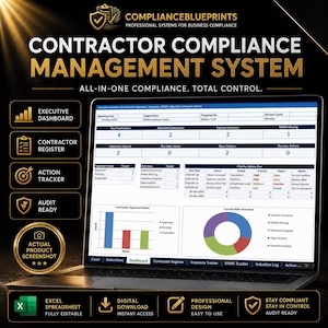 May include: A laptop screen displays a contractor compliance management system interface. The screen shows data visualizations, charts, and tables with the text "Contractor Compliance Management System" and "All-in-one compliance. Total control."