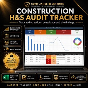 May include: A laptop displays a Construction H&S Audit Tracker dashboard. The screen shows charts, graphs, and data tables for tracking audits, actions, and compliance. The image includes the text "Actual Product Screenshot" and icons for Excel, editing, and download.