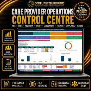 Puede incluir: Un ordenador portátil que muestra el panel de control Care Provider Operations Control Centre, con tablas de datos, un gráfico circular y gráficos de barras para el seguimiento de turnos, visitas, medicación y cumplimiento.