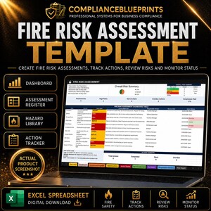 May include: A digital fire risk assessment template displayed on a laptop screen, featuring a dashboard, assessment register, hazard library, and action tracker. The interface includes tables for risk summaries, hazard levels, and action statuses in an Excel format.