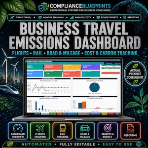 May include: A digital business travel emissions dashboard displayed on a laptop screen. The interface features data visualizations including line graphs, bar charts, and a pie chart tracking flights, rail, road mileage, costs, and carbon emissions.