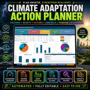 May include: A digital Climate Adaptation Action Planner dashboard displayed on a laptop screen. The interface features charts, tables, and metrics for hazards, assets, actions, controls, funding, and assurance. The layout includes navigation tabs and summary data panels for climate risk management.