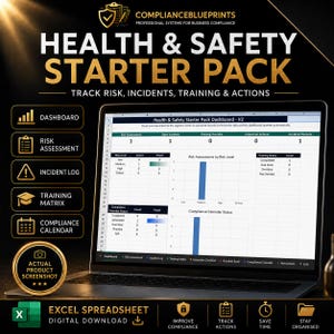 Puede incluir: Una computadora portátil muestra una hoja de cálculo llamada "Health & Safety Starter Pack". La pantalla muestra visualizaciones de datos y un panel. La imagen incluye iconos para la evaluación de riesgos, registros de incidentes y matriz de capacitación. Texto: "Excel Spreadsheet Digital Download."