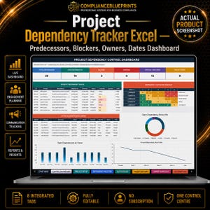 May include: A digital Project Dependency Tracker Excel dashboard displayed on a laptop screen. The interface features a control dashboard with metrics, a priority dependency queue, an exposure heatmap, a donut chart, and bar graphs for project management.