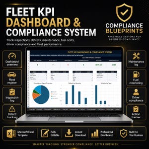 May include: A laptop screen displays a fleet KPI dashboard with charts and data. The screen shows information on inspections, defects, and fuel costs. Text includes "Fleet KPI Dashboard & Compliance System" and "Compliance Blueprints". Icons for dashboard overview, fleet register, and more.