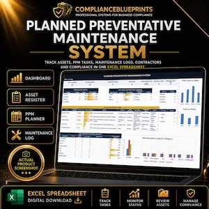Sistema de programación de mantenimiento preventivo planificado (hoja de cálculo de Excel): Planificador de PPM, Rastreador de servicio, Panel de cumplimiento