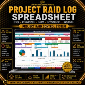 May include: A digital project management spreadsheet displayed on a laptop screen, titled Project Raid Log Spreadsheet. The interface includes a dashboard with charts, tables, and metrics for tracking risks, assumptions, issues, and dependencies.