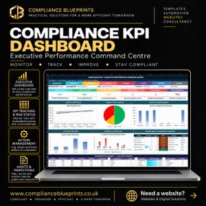 May include: A laptop displaying a Compliance KPI Dashboard with charts, graphs, and data tables. The screen shows sections for executive performance, monthly trends, category performance, and action status, all set against a black background.