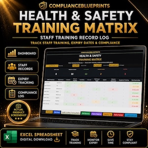 Könnte beinhalten: Eine digitale Health & Safety Training Matrix Excel-Tabelle auf einem Laptop-Bildschirm. Die Benutzeroberfläche umfasst ein Dashboard, Personalakten, Ablaufverfolgung und Compliance-Protokolle mit Spalten für Namen, Abteilungen und Schulungsstatus.