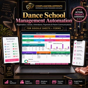 May include: A digital dashboard for dance school management displayed on a laptop, tablet, and smartphone. The screen shows data for registration, classes, attendance, and payments. A black mug with gold text sits beside the devices on a desk.