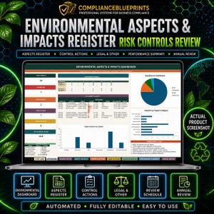 Environmental Aspects & Impacts Register Excel Template | Environmental Risk Controls Dashboard | ISO 14001 Review Tracker