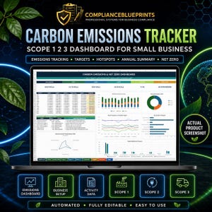 May include: A laptop displaying a Carbon Emissions Tracker dashboard for small businesses. The screen shows data tables, bar charts, and pie graphs for Scope 1, 2, and 3 emissions. Text includes ComplianceBlueprints, Emissions Tracking, and Net Zero.