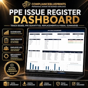 May include: A laptop displays a PPE Issue Register Dashboard with data visualizations. The screen shows charts, tables, and the text "PPE Issue Register Dashboard." The image also includes icons for Excel spreadsheet, digital download, and visual summaries.