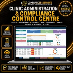 Könnte beinhalten: Ein Laptop mit der ComplianceBlueprints Clinic Administration & Compliance Control Centre Software. Der Bildschirm zeigt ein Dashboard mit Datentabellen, Fortschrittsbalken und Diagrammen zur Verwaltung von Kunden und Terminen.