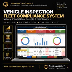 Könnte beinhalten: Ein Laptop-Bildschirm zeigt ein Flotten-Compliance-Dashboard mit Datentabellen, Balkendiagrammen und Kreisdiagrammen für Fahrzeuginspektionen, Mängel und Wartung. Die Benutzeroberfläche enthält Textbeschriftungen wie Fleet Dashboard und Defect Tracker.