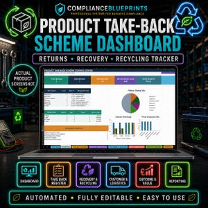 Product Take Back Scheme Dashboard Excel | Returns Recovery Recycling Tracker | Circular Economy Compliance Spreadsheet