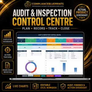 May include: A digital dashboard titled Audit & Inspection Control Centre displayed on a laptop screen. The interface features colorful charts, tables, and metrics for tracking audit status, finding severity, and executive priorities for business compliance.