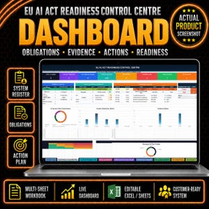 Op de afbeelding: Een laptop toont het EU AI Act Readiness Control Centre dashboard, met datatabellen, risicoclassificatiegrafieken en statusoverzichten. De interface bevat secties voor systeemregisters, verplichtingen en actieplannen.