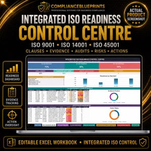 May include: A laptop screen displaying the Integrated ISO Readiness Control Centre dashboard, featuring data tables, progress bars, and charts for ISO 9001, 14001, and 45001 standards. The interface includes sections for readiness, evidence, and action priorities.