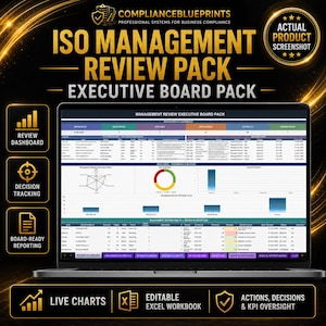 May include: A laptop screen displaying the ISO Management Review Pack Executive Board Pack, an editable Excel workbook featuring a review dashboard, decision tracking, and board-ready reporting with live charts, KPI oversight, and action logs.