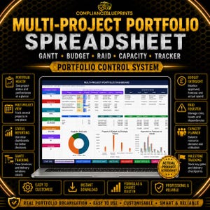 May include: A digital multi-project portfolio spreadsheet displayed on a laptop screen, featuring a dashboard with a RAG mix pie chart, bar graphs, and project tables. The interface includes tabs for project registers, Gantt charts, and milestones.
