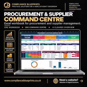 Op de afbeelding: Een laptopscherm met een Excel-werkmap voor het Procurement & Supplier Command Centre. Het dashboard bevat gegevenstabellen, een donutdiagram voor de leveranciersstatus en een staafdiagram voor uitgaven per categorie met titels.