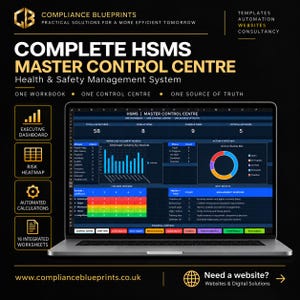 Könnte beinhalten: Ein Laptop zeigt das Complete HSMS Master Control Centre, ein System für Gesundheits- und Sicherheitsmanagement. Der Bildschirm enthält ein Dashboard mit Datencharts, einer Risiko-Heatmap und Statusmetriken sowie Reiter für verschiedene Tabellen.