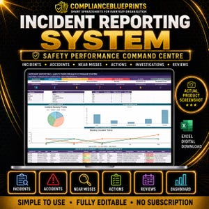 Op de afbeelding: Een digitaal spreadsheet voor een incidentrapportagesysteem op een laptopscherm. Het dashboard bevat gegevenstabellen, een cirkeldiagram voor ernstprofielen, een staafdiagram voor actiewerkbelasting en een lijngrafiek met trends.