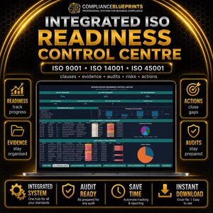 May include: A digital dashboard titled Integrated ISO Readiness Control Centre displayed on a laptop screen, featuring data tables, progress bars, and charts for ISO 9001, 14001, and 45001 standards, surrounded by gold-toned icons and text labels.