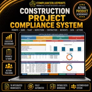 Op de afbeelding: Een laptop met het dashboard van het Construction Project Compliance System, voorzien van gegevenstabellen, staafdiagrammen en ringdiagrammen voor projectvolging. Het scherm toont secties voor vergunningen, RAMS, plant en inspecties.