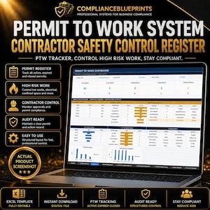 Puede incluir: Una computadora portátil muestra un "Panel de control de permisos de trabajo" con visualizaciones de datos y gráficos. La pantalla muestra los estados de los permisos, los detalles de los trabajos de alto riesgo y la información de control de los contratistas. El texto incluye: "Permiso de trabajo".