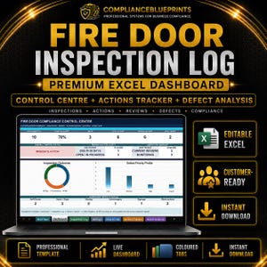 May include: A digital Fire Door Inspection Log Excel dashboard by ComplianceBlueprints. The screen displays a control center with data tables, a donut chart for inspection outcomes, and a bar chart for defect priority profiles in black and gold.