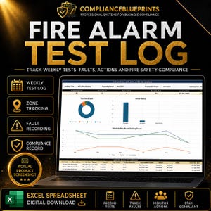 May include: A laptop screen displays a "FIRE ALARM TEST LOG" with data visualizations and the text "TRACK WEEKLY TESTS, FAULTS, ACTIONS AND FIRE SAFETY COMPLIANCE." The image includes icons for weekly logs, zone tracking, fault recording, and compliance records.