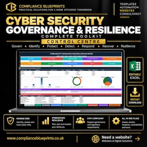Könnte beinhalten: Ein Laptop zeigt ein Dashboard für ein Cyber-Sicherheits-Governance- und Resilienz-Toolkit mit Diagrammen, Tabellen und Metriken. Der Bildschirm zeigt Abschnitte für Steuern, Identifizieren, Schützen, Erkennen, Reagieren, Wiederherstellen und Resilienz.