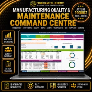 Puede incluir: Un portátil que muestra el panel de control del software Manufacturing Quality & Maintenance Command Centre. La pantalla presenta tablas de datos, gráficos de rendimiento y anillos de estado. El texto incluye: Executive Dashboard, Quality Oversight, Action Tracking.