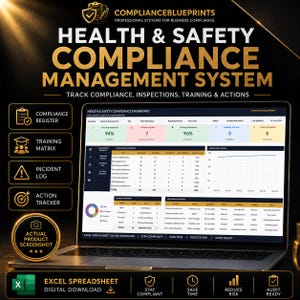 May include: A laptop screen showing a Health & Safety Compliance Management System dashboard. The display includes data visualizations and the text "Track Compliance, Inspections, Training & Actions." The image includes the text "Excel Spreadsheet Digital Download."