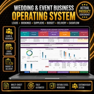 Könnte beinhalten: Ein Laptop zeigt ein Dashboard für ein Hochzeits- und Event-Business-Betriebssystem mit Datentabellen, Diagrammen und Kennzahlen für Leads, Buchungen und Cashflow. Der Bildschirm enthält Bereiche für Lead-Pipelines und Event-Status.