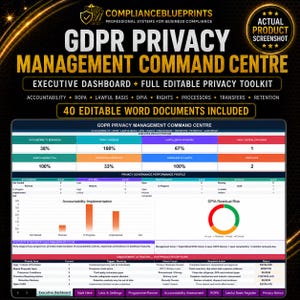 May include: A digital dashboard titled GDPR Privacy Management Command Centre featuring an executive privacy position table, accountability implementation bar chart, DPIA residual risk donut chart, and a management attention exception table.