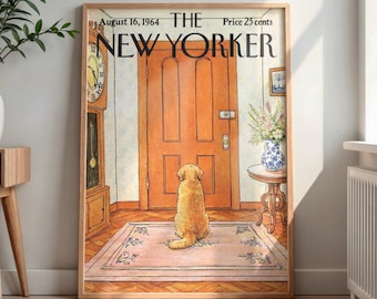 Vintage New Yorker Poster | Retro Magazine Cover Wall Art | Golden Retriever Dog Print | Aesthetic 1964 NYC Home Decor | Minimalist Art