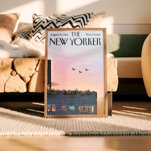 May include: A framed print of a vintage New Yorker magazine cover. The cover features a sunset scene with birds in flight over a building. The text reads "August 16, 1964 THE NEW YORKER Price 25 cents."