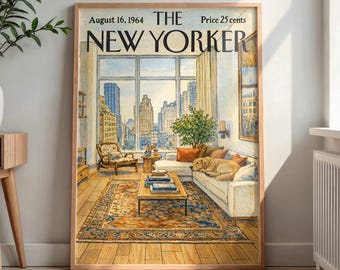 New Yorker 1964 NYC Apartment Dog on Couch Print, Vintage Magazine Cover Cozy Living Room Wall Art, Manhattan Skyline View Poster Home Decor
