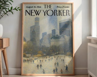 The New Yorker Poster, 1964 Ice Skating Scene Print, Vintage Winter City Wall Art, Retro Magazine Cover Decor, Classic New York Illustration