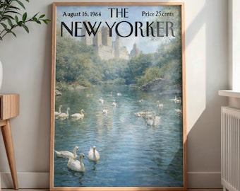 Vintage New Yorker Poster | Central Park Swans Wall Art | Retro Magazine Cover Print | NYC Nature Illustration | Aesthetic 1964 Home Decor