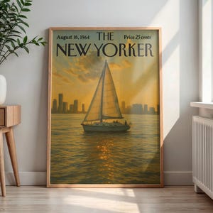 May include: A framed vintage New Yorker magazine cover from August 16, 1964, featuring a sailboat on the water at sunset. The cover art has a warm color palette with a cityscape silhouette in the background. The magazine's title and date are at the top.