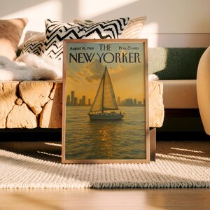 May include: A framed vintage New Yorker magazine cover featuring a sailboat on the water with a city skyline in the background. The cover is dated August 16, 1964. The image is in a wooden frame and is displayed on a rug.