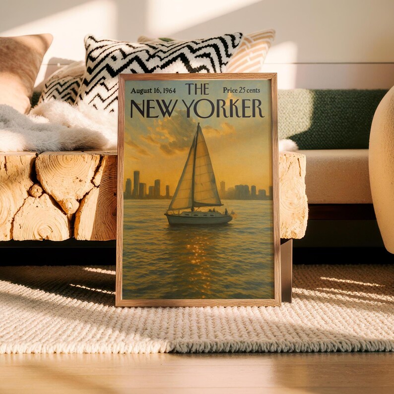 May include: A framed vintage New Yorker magazine cover featuring a sailboat on the water with a city skyline in the background. The cover is dated August 16, 1964. The image is in a wooden frame and is displayed on a rug.